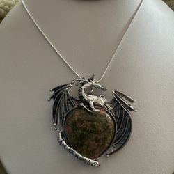 NEW Unique Large Unakite Dragon Pendant on .925 Chain  