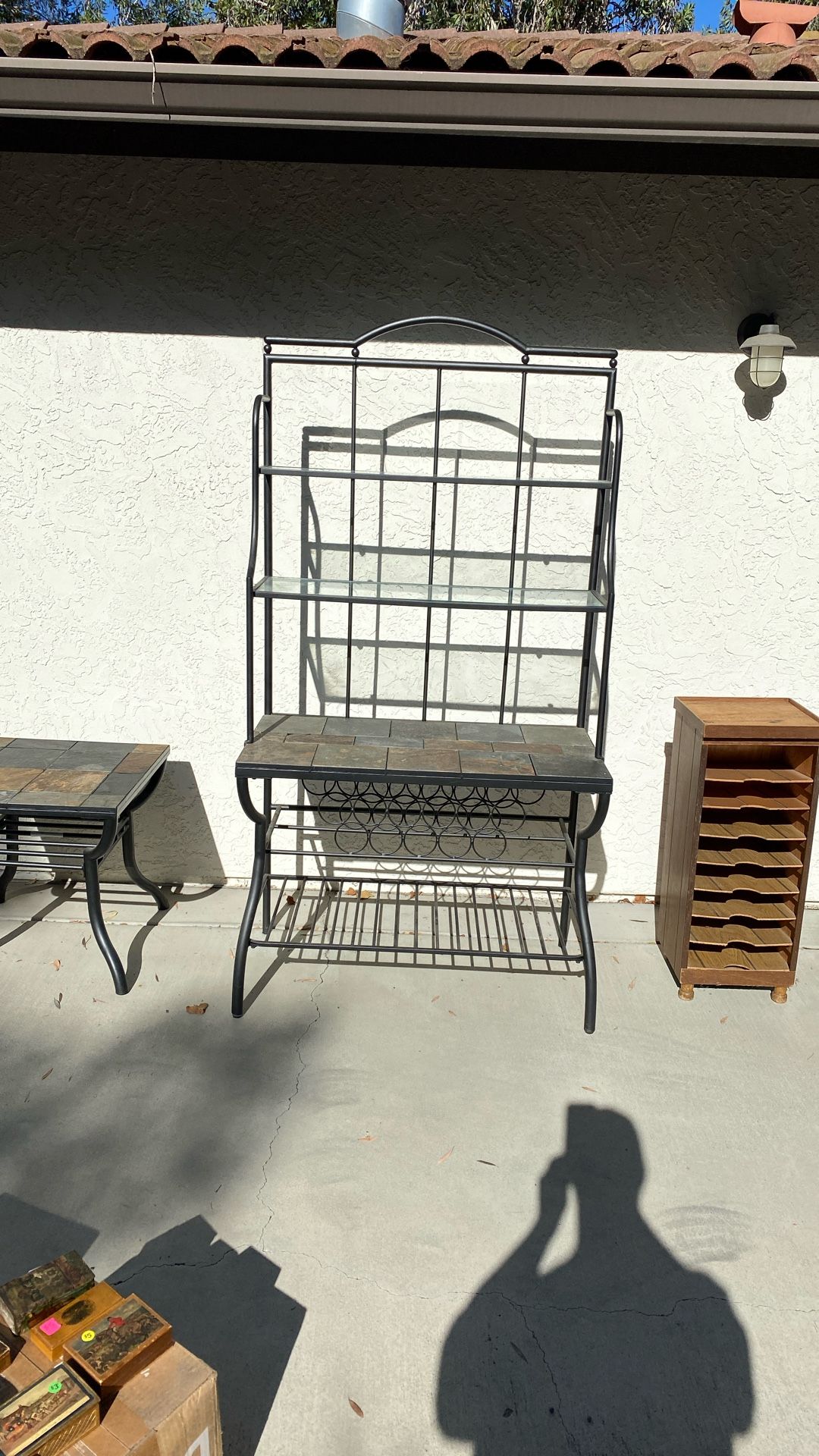 Bakers Rack Stone/glass And Matching Stone End Table