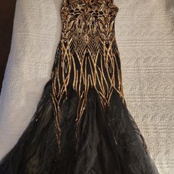 Black And Gold Sequin And Lace Gown