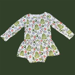 Lev Baby Christmas long sleeve bodysuit twirl dress size 12-18 months. $42 retail. Has a small untreated stain on the back of right sleeve. Everything