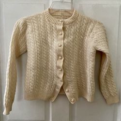 Handmade Vintage Kids Cardigan Sweater Girl's 5-6-7 Ivory Cream Cable Knit 