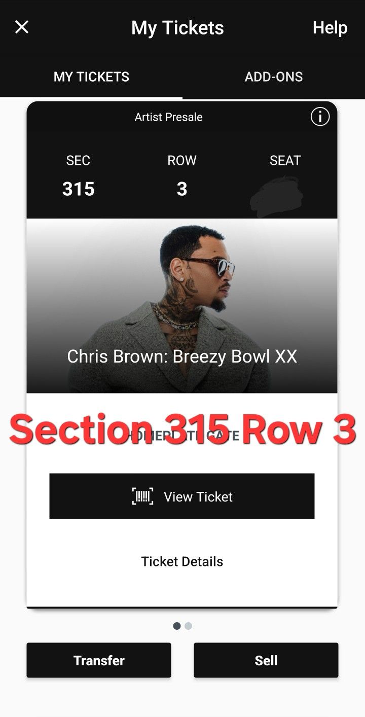 (2) Chris Brown Tickets 315 Row 3