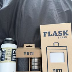 YETI flask, Shot Glasses, And Skim Can (12oz) Rambler