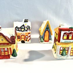 4 JSNY Holiday Village Ceramic Candle Holder's/Candy House/Church/Store/ School 