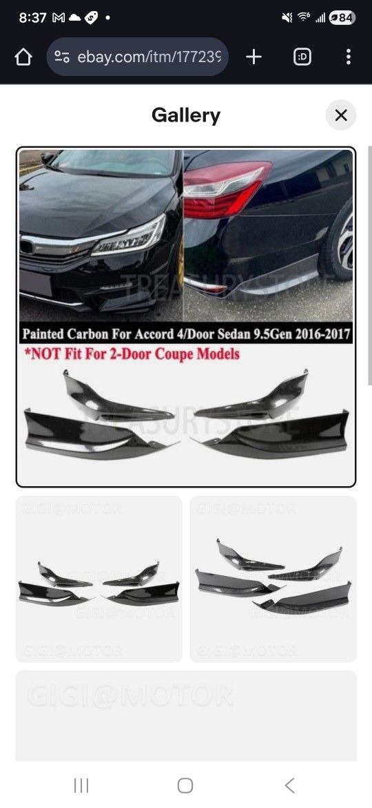 Honda Accord Sedan 2016-2017 Carbon Front & Rear Bumper Side Spoilers Kit