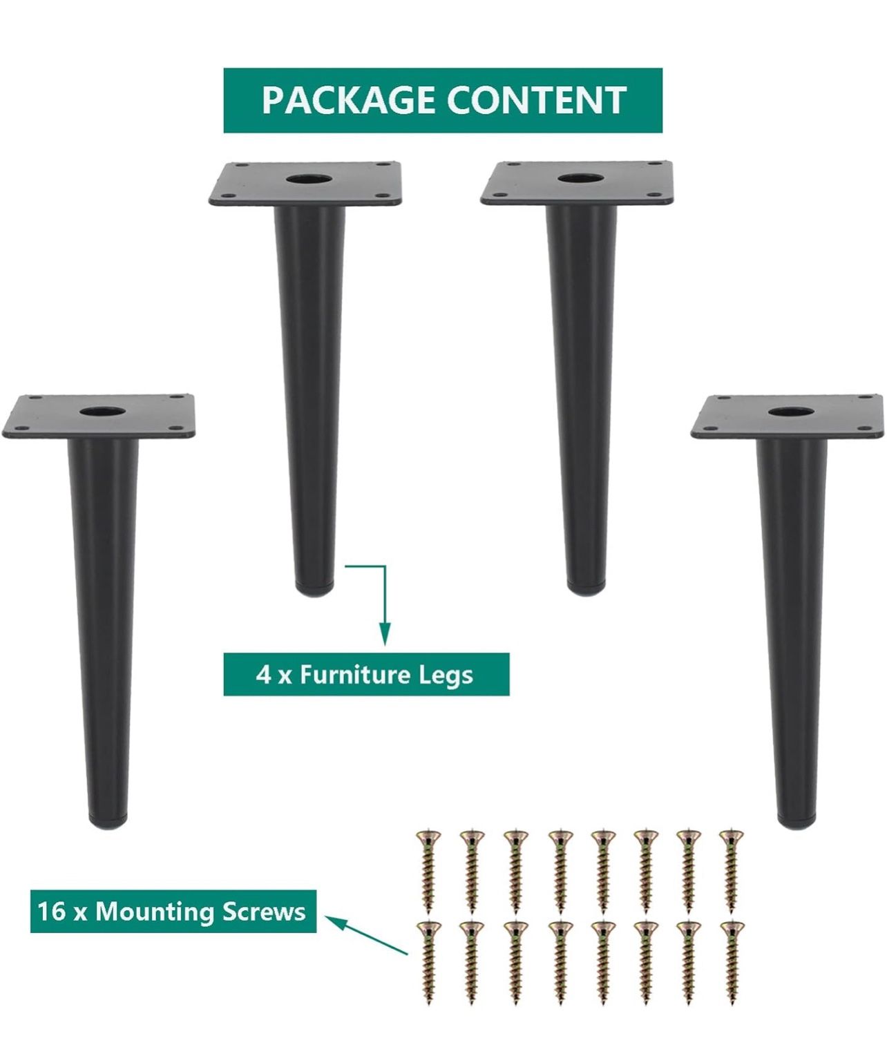 4 Pack Furniture Legs, Round Tapered Furniture Feet, Heavy Duty Metal Foot for Sofa Cabinet Cupboard Bar Bed Table Chair Couch Ottoman Dresser Desk Ho