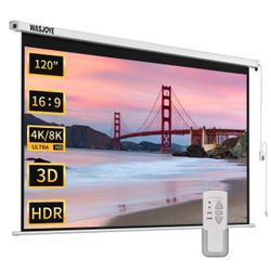 WASJOYE Motorised Projector Screen 120" - 16:9 Electric Projector Screen Wall/Ceiling Mount With Remote Control - 8K HD Projection Screen Dual Side Po
