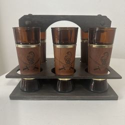 Vintage Wood Amber Glasses Barware