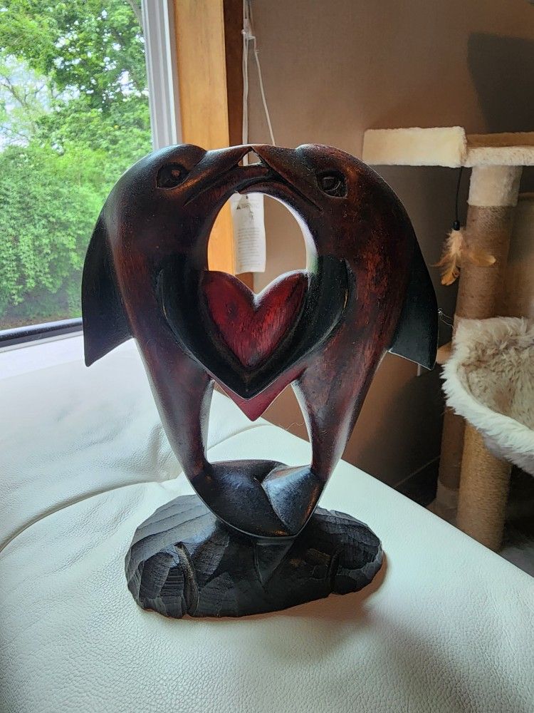 Wooden Dolphin Heart Statue
