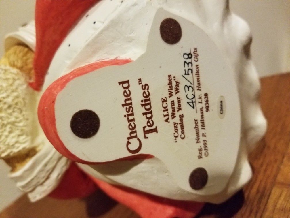 Cherished Teddies Alice Cozy Warm Wishes Coming Your Way 1993, Reg #4C3 /538