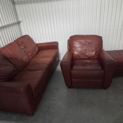 Used Flexsteel Leather Sofa, Chair, Ottoman Ox Blood Red