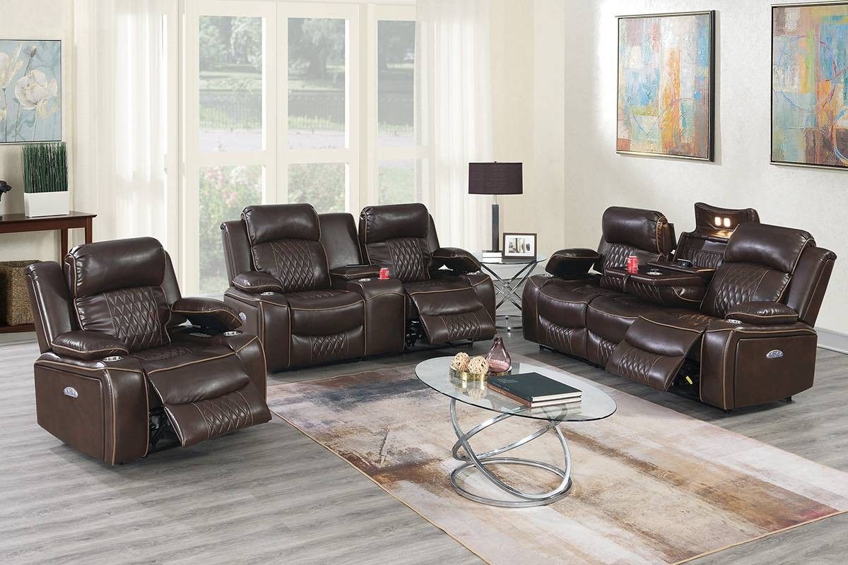 Brand New 3pc  Brown Leather Power Reclining Sofa Set