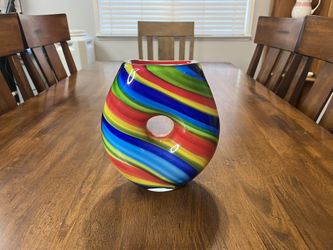 Rare Vintage Large 8"x 9" Modern Rainbow Italian Millerighe Decorative Hand Glass Vase