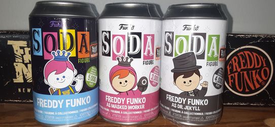 3 Frightnight Funko Sodas Sealed Freddy Funko Masked Soldier ,Dr Jekyll, And Blacklight Freddy $90