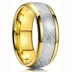 Men's 8mm Tungsten Gold Silver Metoriote Inlay Comfort-Fit Wedding Band 