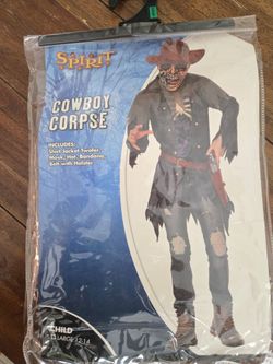 Spirit Halloween Cowboy Corpse Costume Kids Large 12-14 - Jacket Hat Belt Bandana - No Mask