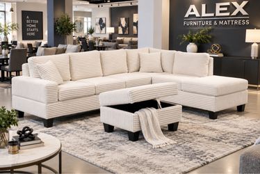 Cream Corduroy Sectional Sofa with Storage Ottoman
