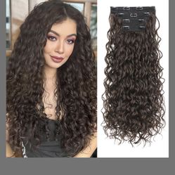 REECHO Curly Clip In Hair Extensions, 4PCS 24 Inch Long Hair Extensions Clip Ins Lace Weft Natural Hairpieces For Women Daily, Chocolate Brown