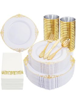 350 gold plastic plates , set