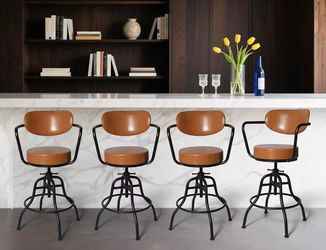 Modern Industrial Bar Stool with Backrest, Armrests, Footrest - Flexible Swivel Seat & Adjustable Height 21.7"-25.6" - Soft Cushion & Smooth Leather -