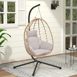 Hanging Egg Chair with Stand Patio Hammock Swing Chair Basket Wicker Rattan Adjustable Height UV Resistant Indoor Outdoor Use 300Lbs Beige