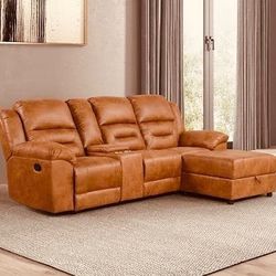 LEATHERETTE SECTIONAL 2RECLINERS&CONSOLE STORAGE W 2 CUP HOLDERS(ADJ BACK REST ) (104W X67DX 42H) 