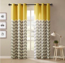 Intelligent Design 2-Pack of Chevron Printed Yellow, White and Gray Darkening Curtains 52x84”.