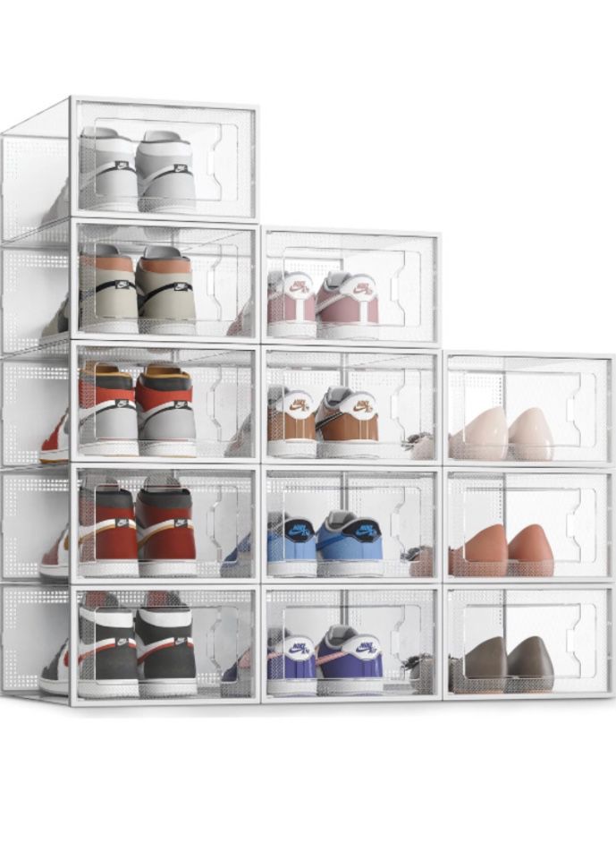 SEE SRPING XX-Large 12 Pack Shoe Storage Box, Clear Plastic Stackable Shoe Organizer for Closet, Shoe Rack Sneaker Containers Bins Holders Fit up to S