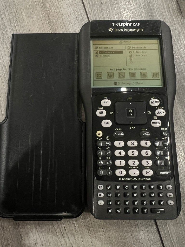 Texas Instruments TI-Nspire CAS is a black graphing calculator with a touchpad feature