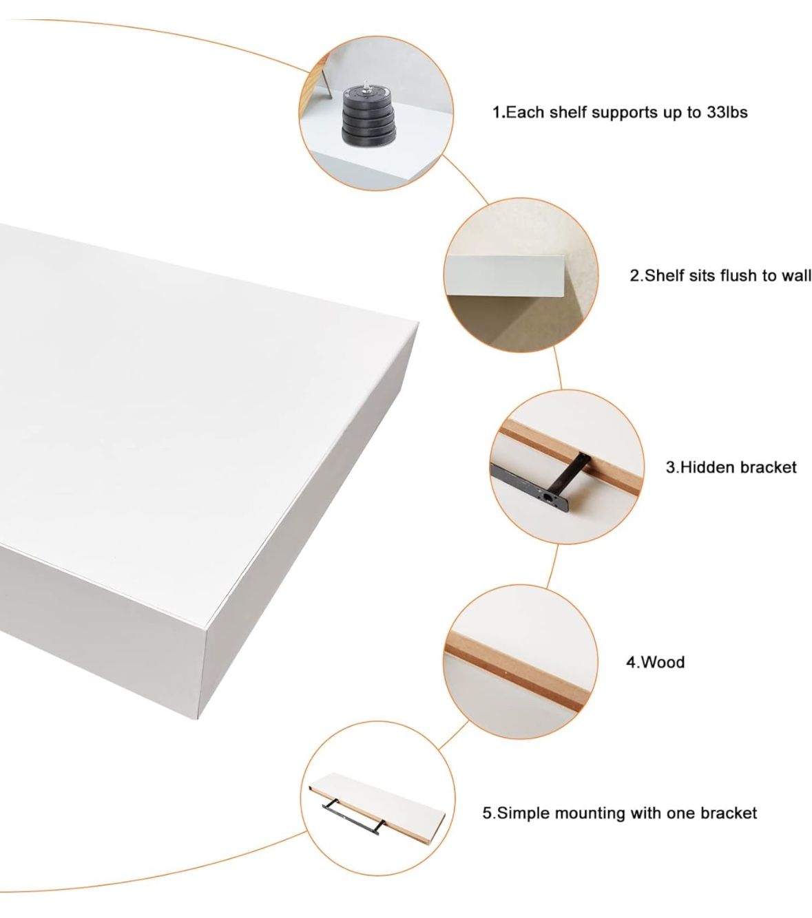 Floating Wall Shelf Set of 2, Wood Wall Decor Storage Shelf, Wall Mount Display Rack for Bedroom, Living Room, Bathroom, Kitchen, Office