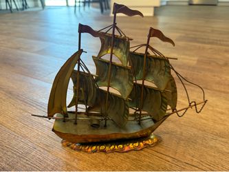 VINTAGE TIN METAL SAILING SHIP 3 MAST HONG KONG NAUTICAL BRUTALIST GOLD COPPER. 9.5”