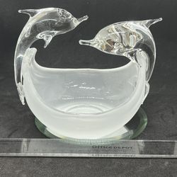 PartyLite Dolphins Jumping for Joy-Votive Candle Holder in Frosted Glass Bowl 6”
