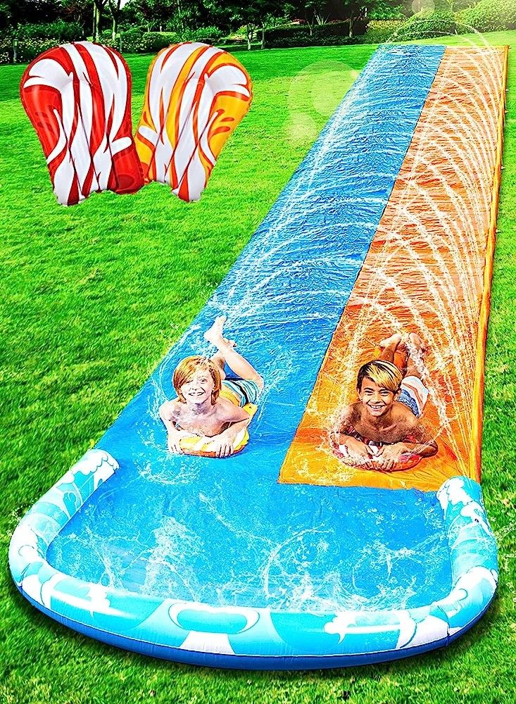 22.5ft Water Slides and 2 Bodyboards, Lawn Water Slide Summer Slip Waterslides Water Toy with Build in Sprinkler for Backyard Outdoor Water Fun for Ki