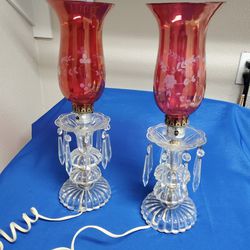Vintage Pair Of Cranberry Glass Hurricane Lamps w/Prisms Crystal