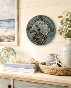 Rare Discontinued 14" Wall Clock Thermometer Combo Vintage Gear Faux Stone Art