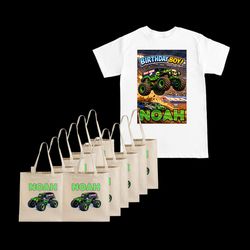 Birthday Boy Monster Jam Truck T shirt and tote bags party favors