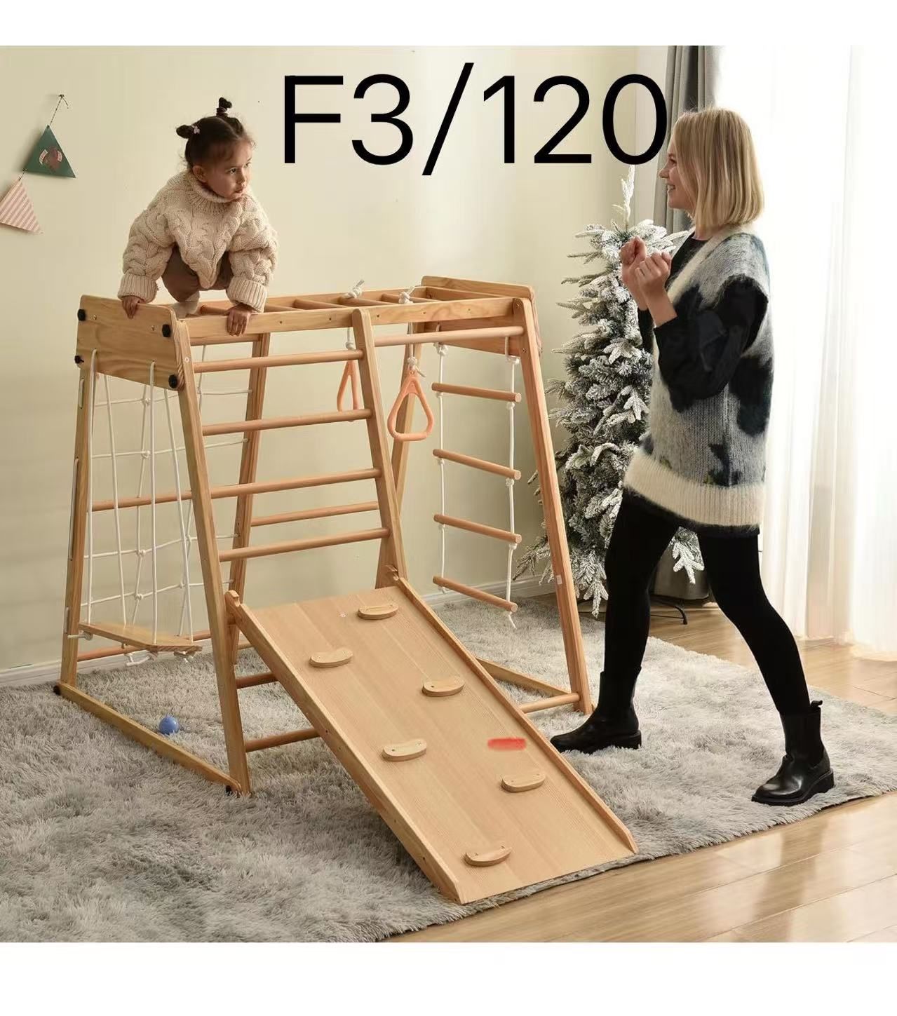 Wooden Indoor Kids Playground Jungle Gym with Slide and Play Table, Toddlers Wooden Climber 8-in-1 Slide Playset, Wooden Rock Climbing Ladder with Rop