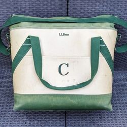 LL Bean vintage green ivory waxed canvas zipper tote large insulated cooler picnic lunch carry bag