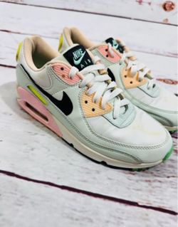 Women's Nike Air Max 90 Tennis Shoes Sz 8 White Volt Green Glow Easter Sneakers Please check pictures condition does have some marked and stains.