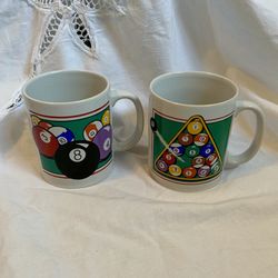 Vintage Billiards Coffee Mugs Pool Balls Rack Retro Theme Cups set of 2 Rare