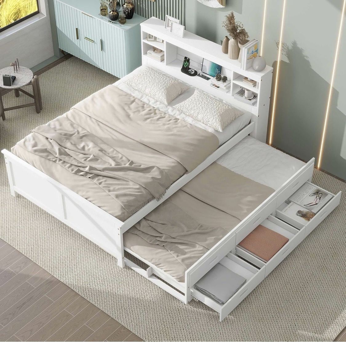 White Full Size Bed with Trundle and Drawers, Full Storage Bed with Bookcase Headboard, USB Ports Outlets   [NEW] **Assembly Required **