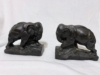 Antique Armor Bronze ELEPHANT Bronze Clad Bookends Signed KRUPKA
