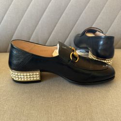 Auth Gucci Black Leather Brushed Gold Horsebit Crystal Heel Loafers