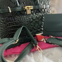 Crocodile Embossed Handbag with wallet and pouch