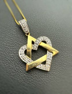 Jewelry 14k solid Yellow Gold box link 18” Chain diamond 0.1CTW necklace 3.30 grams 0.50mm Heart Star Pendant