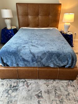 Queen Leather Upholstered Platform Bed + Mattress – Like New