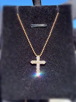 18k solid yellow gold 0.65CTW Natural Diamond Cross Charm Pendant & Ball Chain Necklace 16” 1mm