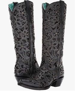 Black Studded Cutout Western Cowboy Boots