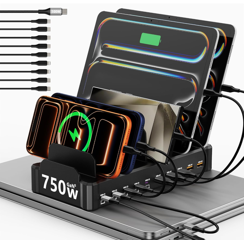 750W Charging Station for Multiple Devices, 10-Port Fast Charger, 5 USB-C 120W Each and 5 USB-A 30W Each, Desktop Charging Hub for Laptop Phone Tablet