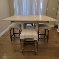 Rustic Dining Table w/ Removable Leaf & 4 Bar Stools – Great Condition!